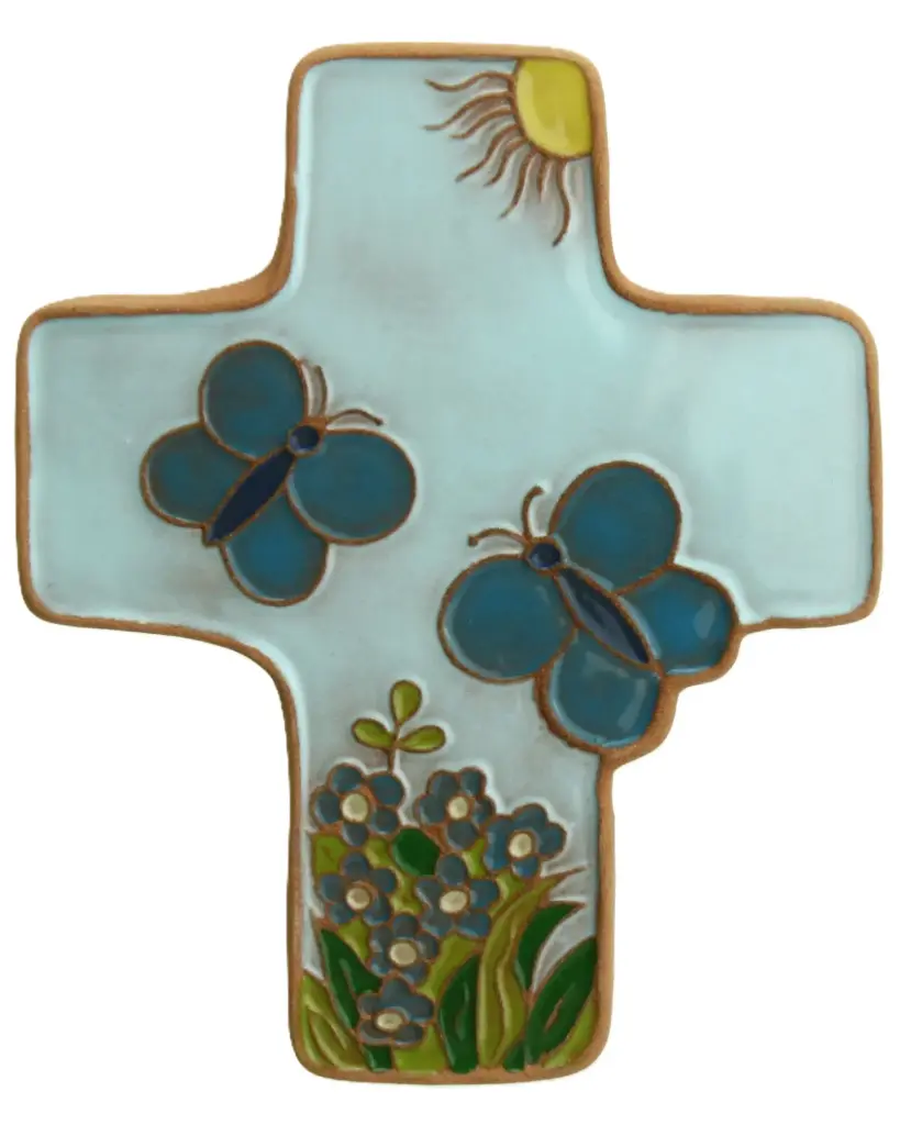 Croix  céramique - Pappillons - bleu claire (95x120mm)