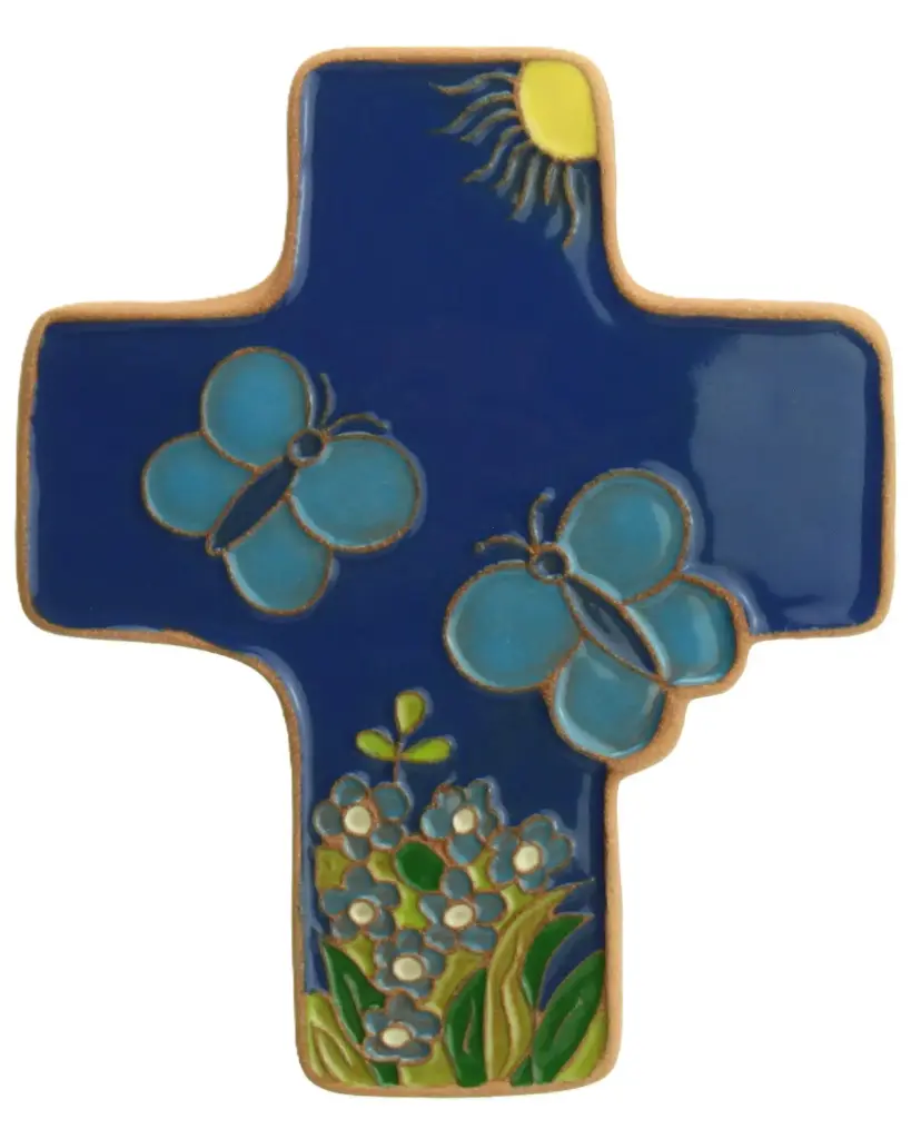 Croix Papillons - céramique/bleu foncé - 10x11,5cm
