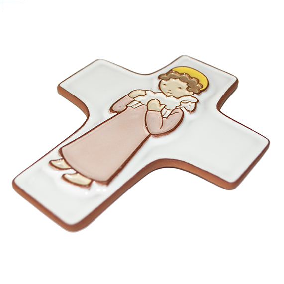 Croix  céramique - Bon Berger - rose (95x120mm)