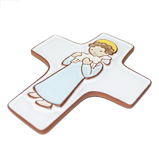 Kruisbeeld keramiek - Goede Herder - lichtblauw (95x120mm)