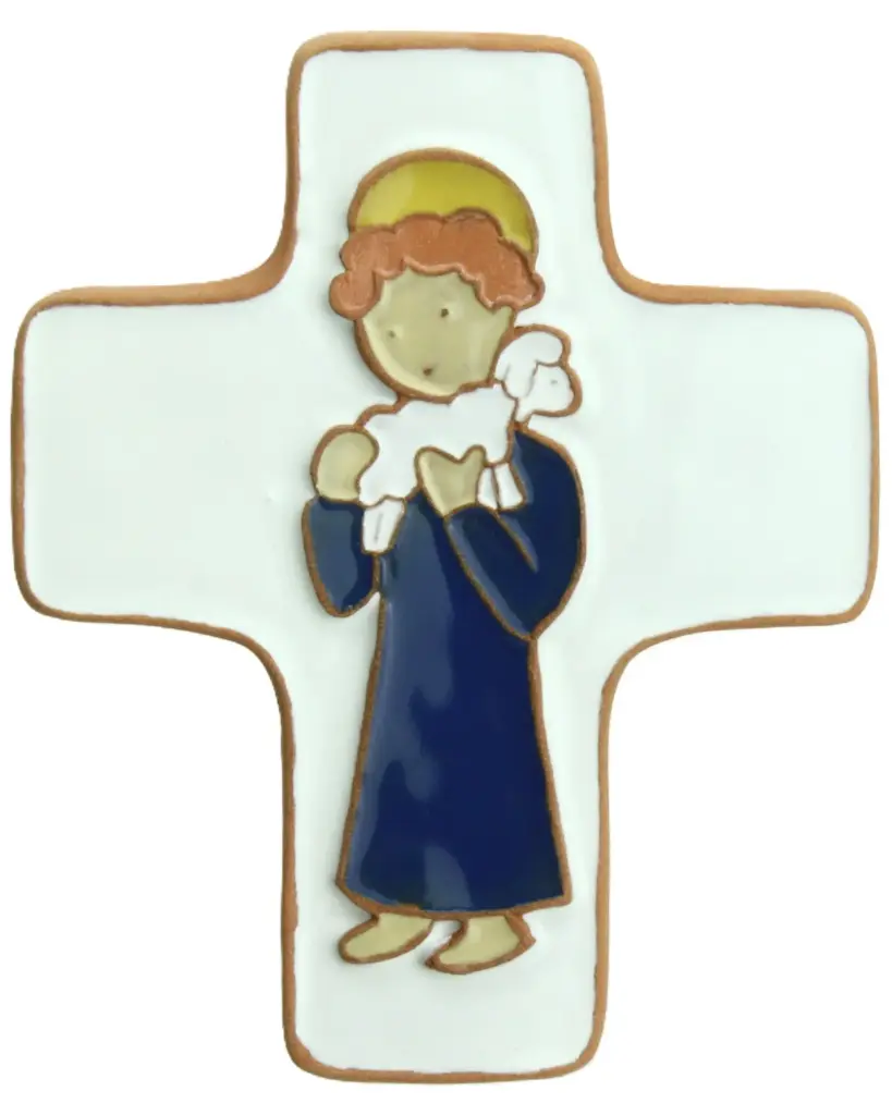 Keramik Kreuz - Gute Hirt - Dunkelblau (95x120mm)