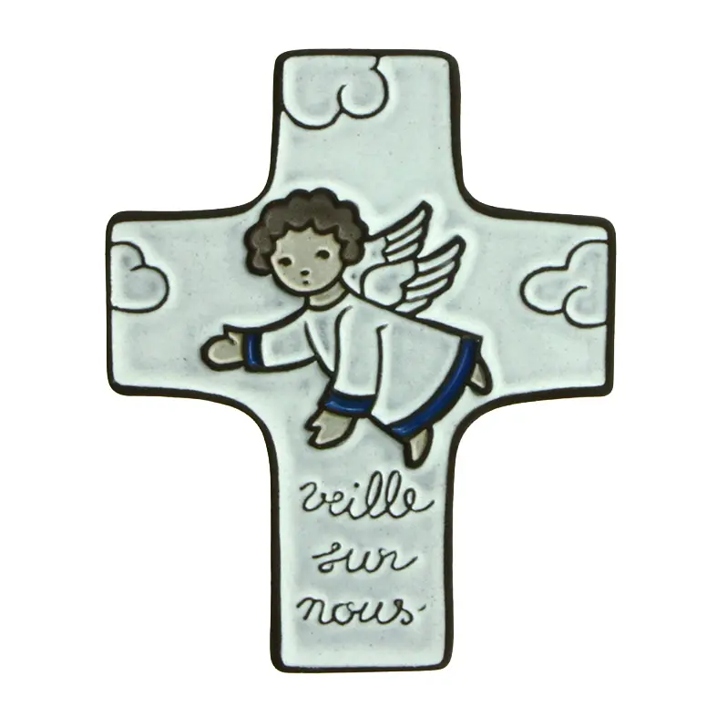 Ceramic cross - 'Veille sur nous' - White (95x120mm)