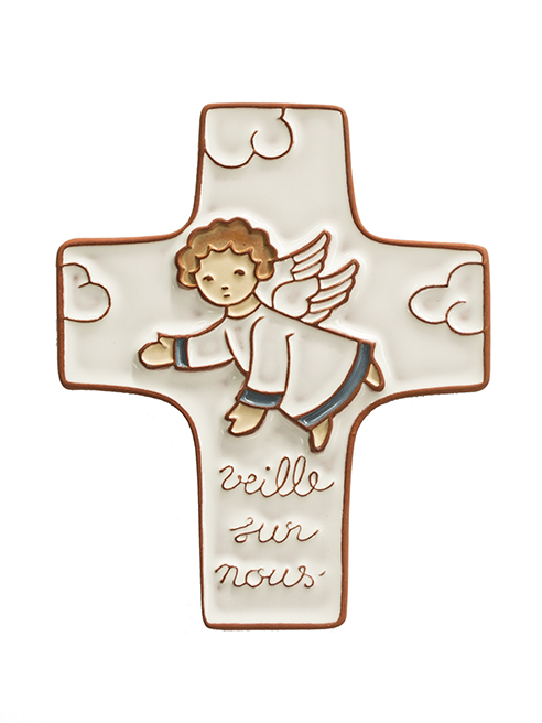 Croix  céramique - 'Veille sur nous' - blanche (95x120mm)