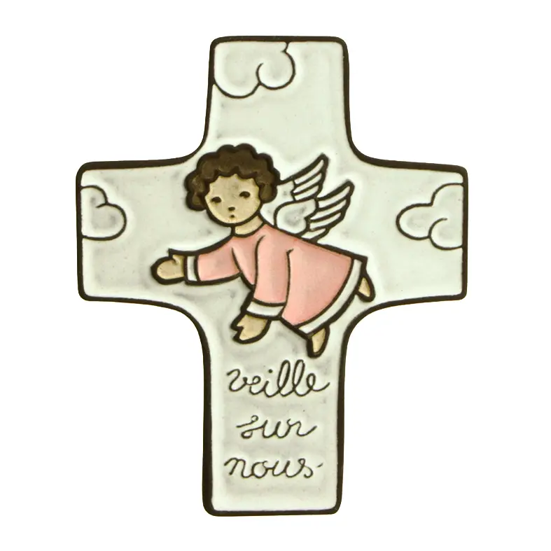 Ceramic cross - 'Veille sur nous' - Pink (95x120mm)