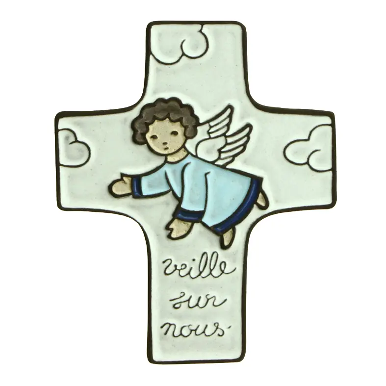 Kruisbeeld keramiek - 'Veille sur nous' - lichtblauw (95x120mm)