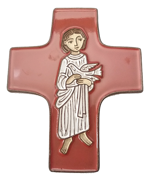 Ceramic cross - Jesus with pigeon - Red (95x120mm)