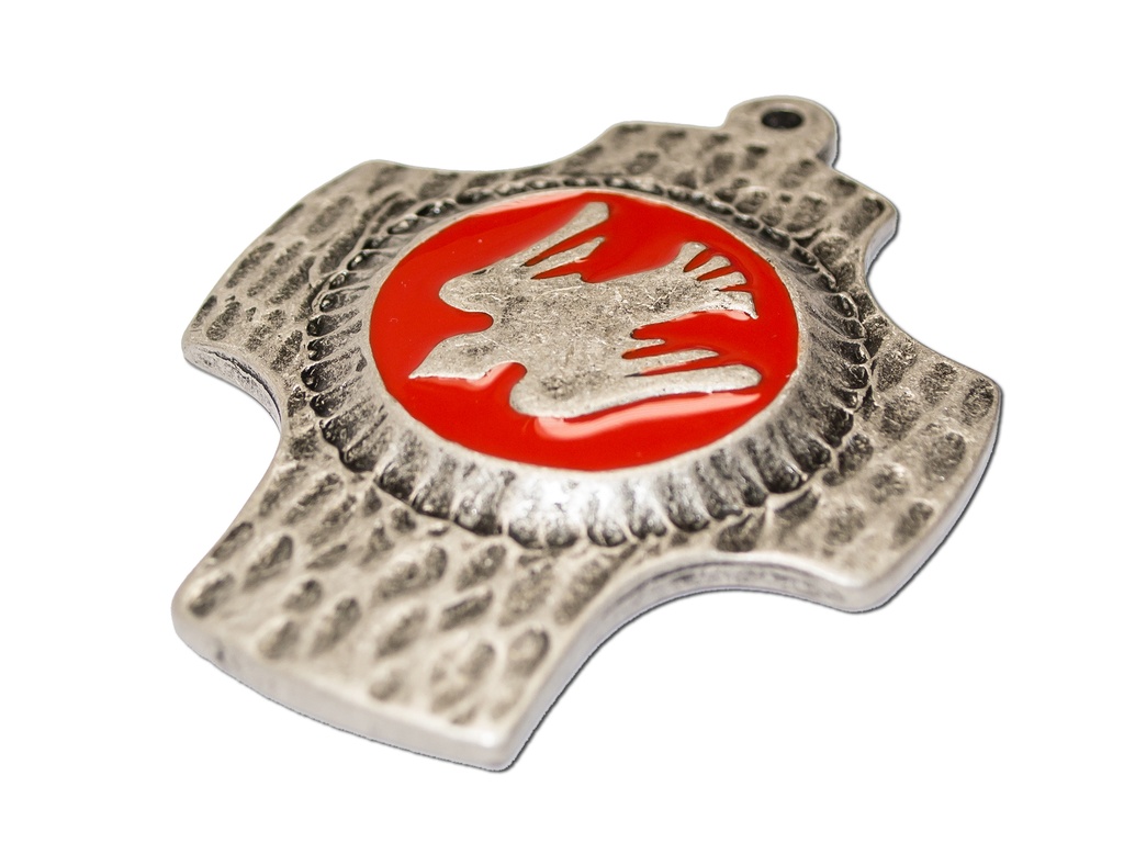 Croix murale métale - Colombe/émaille rouge (65x70mm)