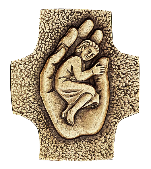 Croix murale bronze/MRL - 'Enfant dans la main' (70x85mm)