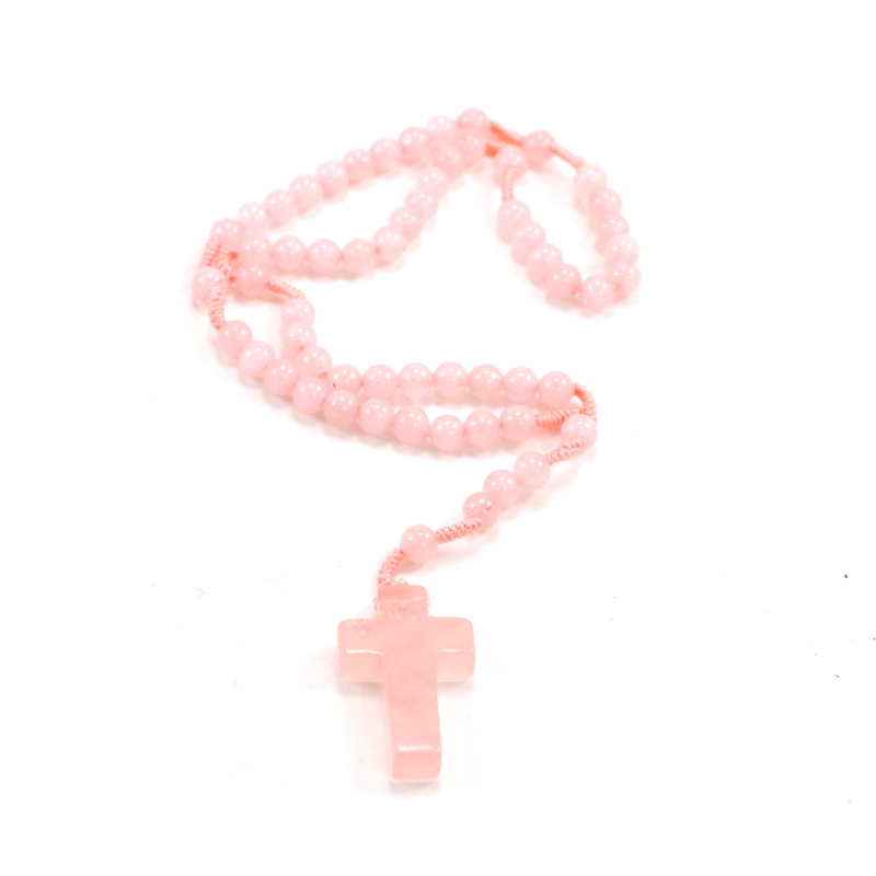 Taschenrosenkranz, Rosenquarz, geknüpft