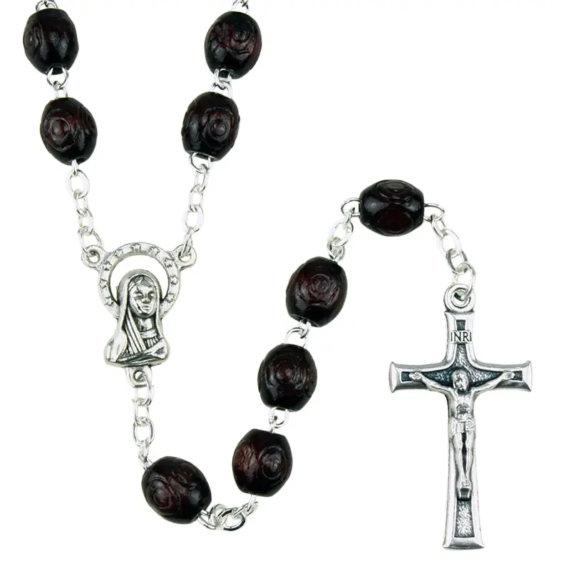 Rozenkrans - bewerkte houten kralen/ketting - palissander