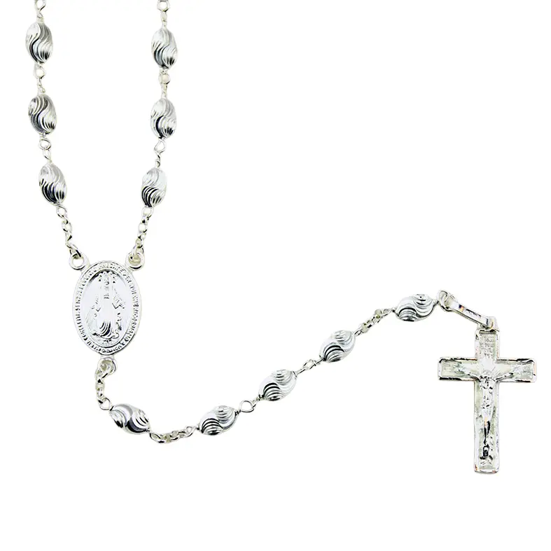 Chapelet argent rodhié - grain ovale/travaillé (7x4mm)