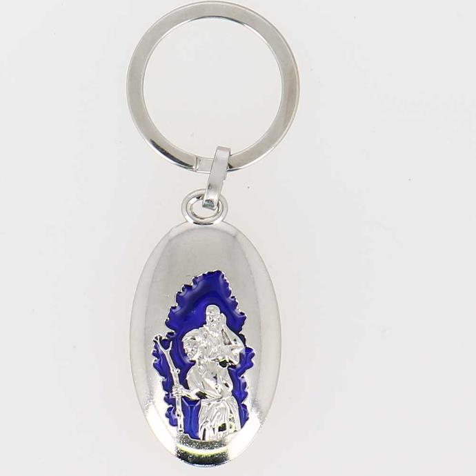 Porte-clef St Christophe/ovale bleu métal (58x26mm)