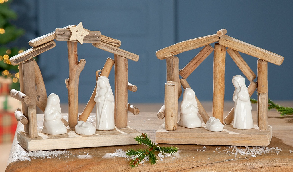 Holz Krippe mit Hl. Familie/porzelan - 15x15x8cm - sortiert