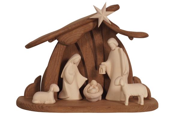 Etable avec 7 personnage en bois sculpté - 10cm - natur