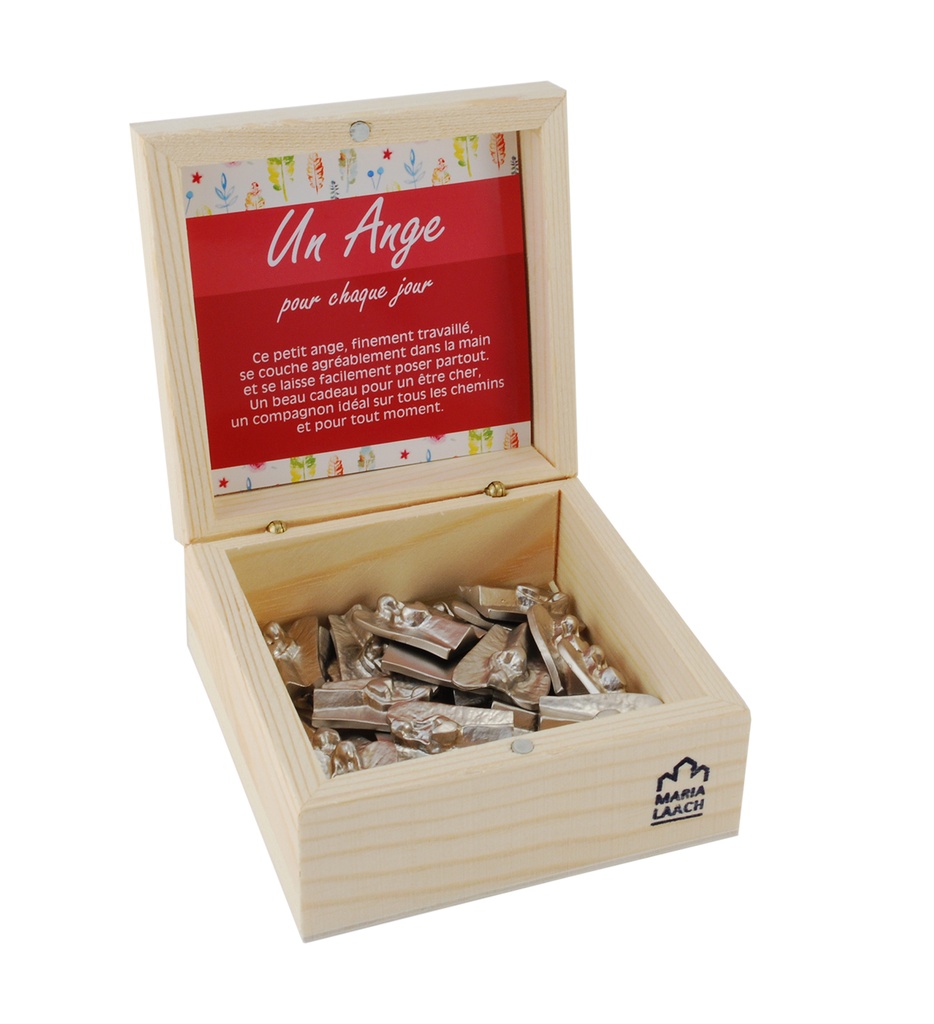 Caisse en bois avec 25 anges/coeur -  métal 3x2cm