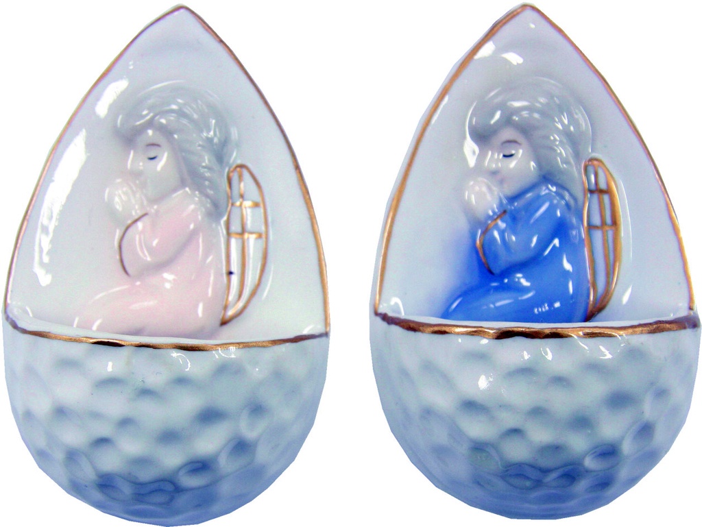 Lot de 2 bénitiers H 10cm - résine/bleu & rose