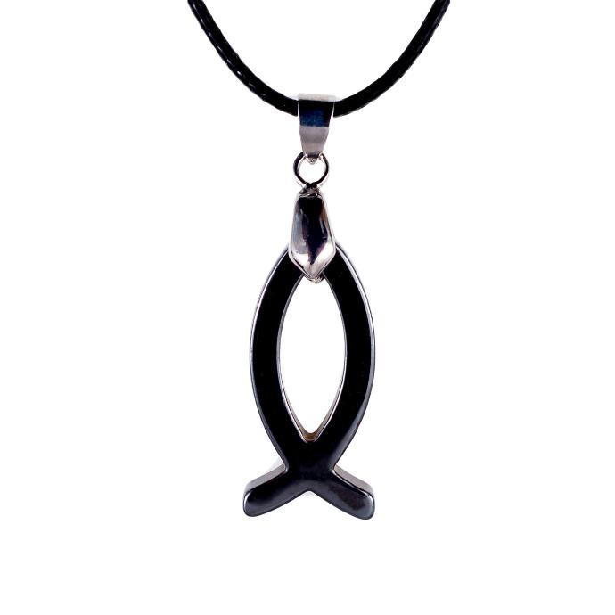 Ichtus pendentif sur lacet - hematite