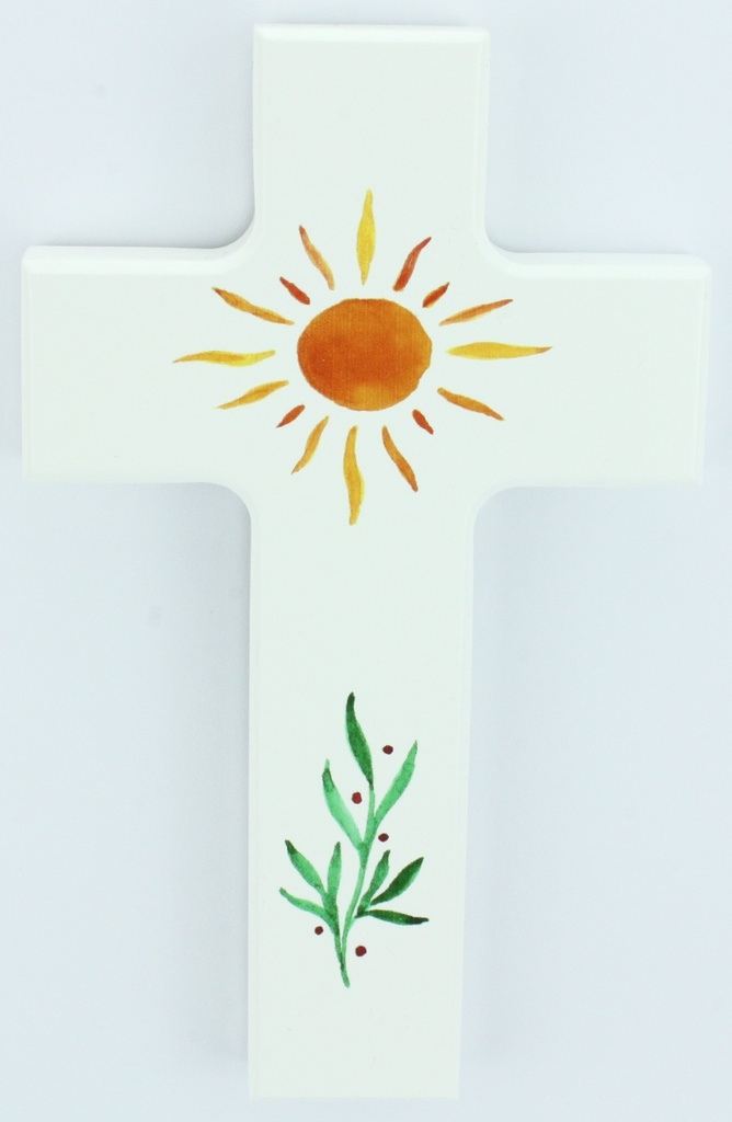 Kruisbeeld hout/wit - Zon/grashalm (90x150mm)