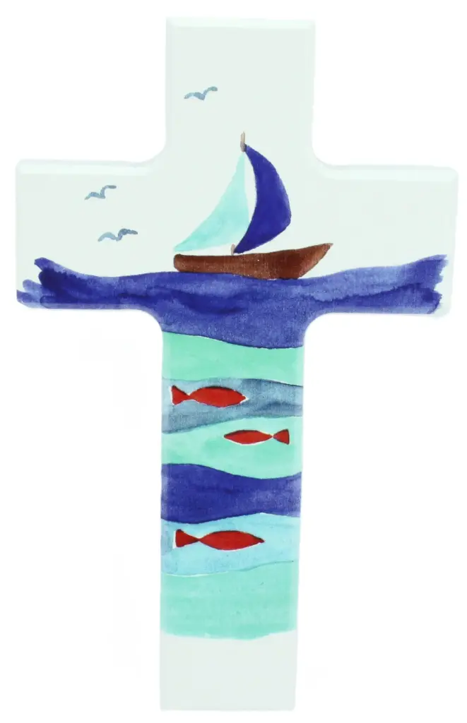 Croix en bois/blanche - Bâteau/poisson (90x150mm)