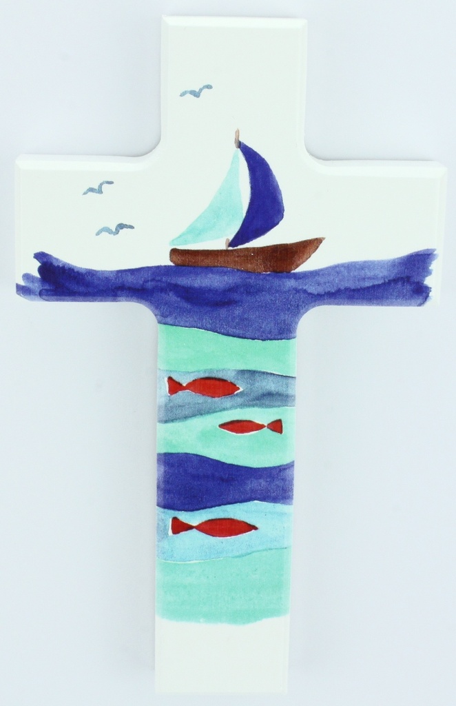 Kruisbeeld hout/wit - Schip/vissen (90x150mm)