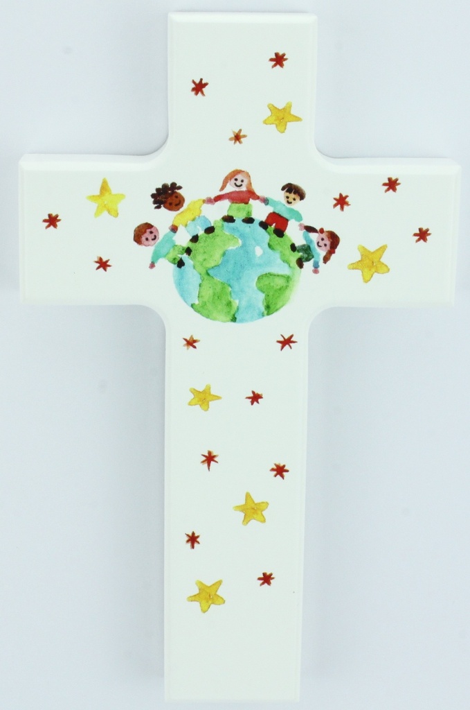 Kruisbeeld hout/wit - Kinderen vd Wereld (90x150mm)