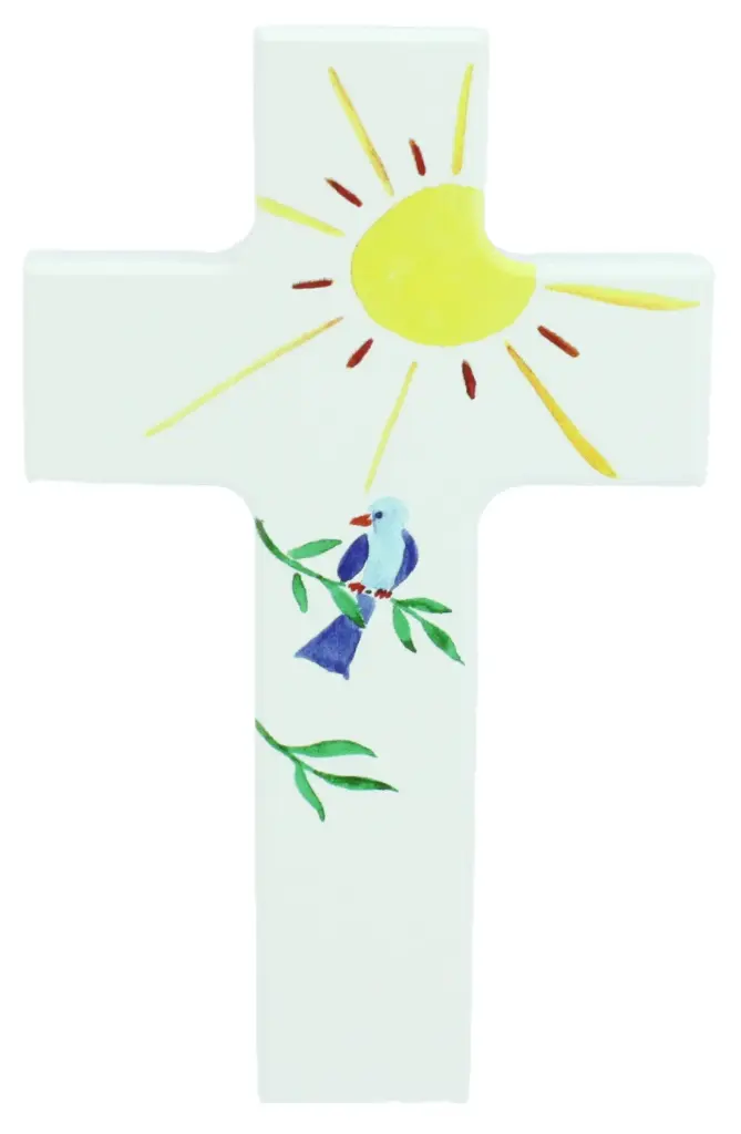 Croix en bois/blanche - Soleil/oiseau (90x150mm)