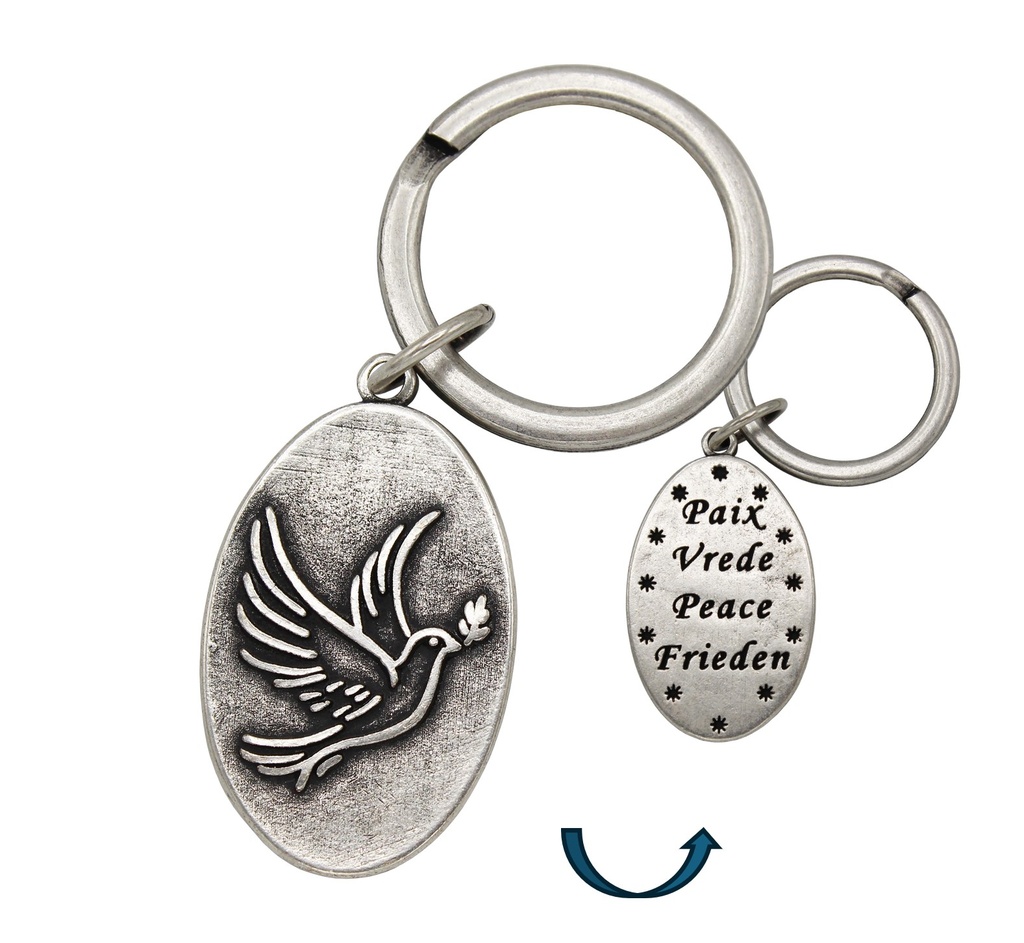Sleutelhanger metaal - Duif - Vrede '4 Talen' (39x25mm)