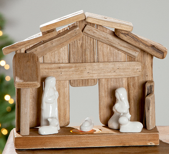 Stal hout - H Familie met 2 dieren/wit - 29x29x13cm