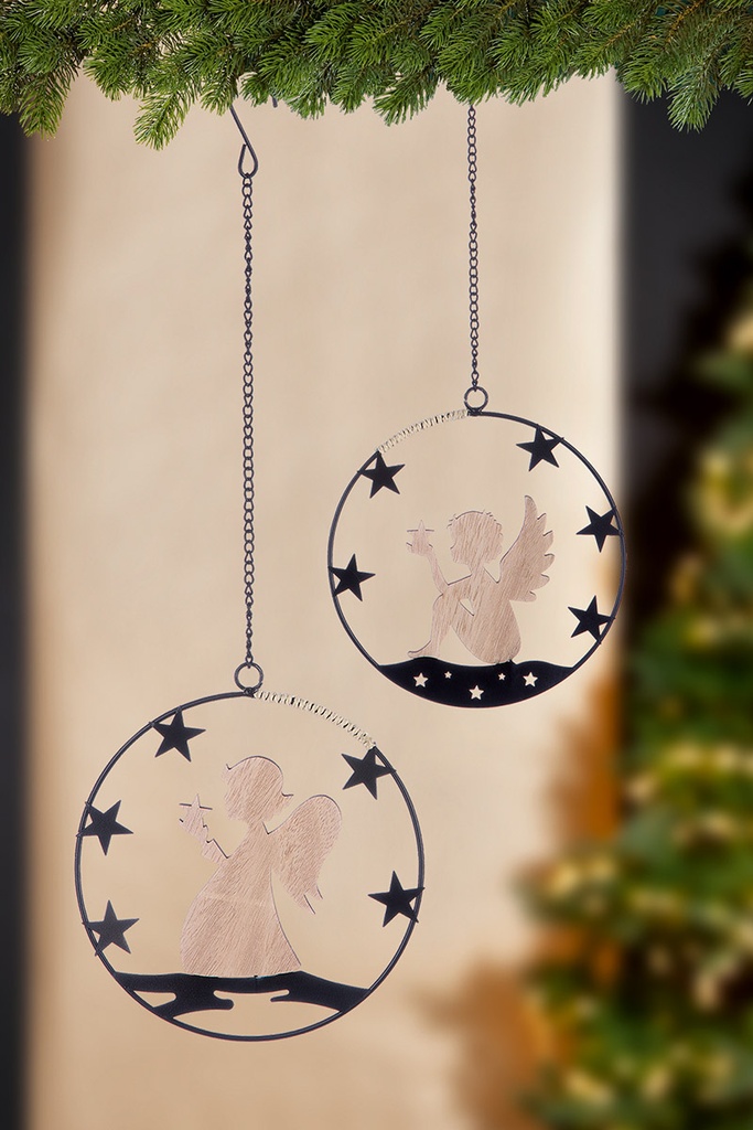 Pendentif métal avec ange en bois - H= 18cm