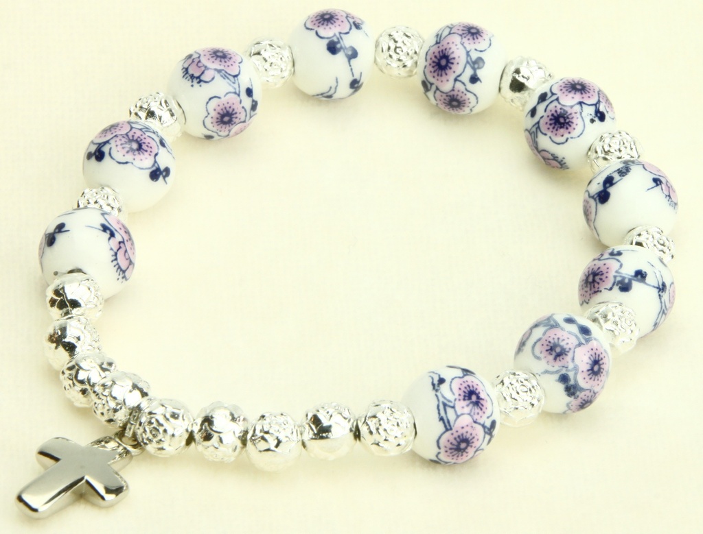 Armband/Mini-rozenkranz/Elastisch - porcelan/sortiert - 10mm/Kreuz