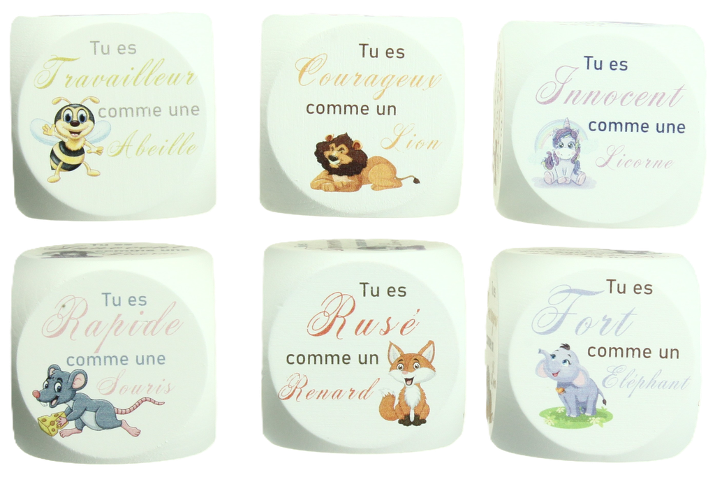 Dobbelsteen 'Aanmoediging'/Frans - wit/49mm/dieren