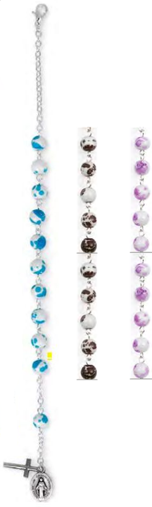 Armband metaal - glazen parels gekleurd - kruisje en medaille
