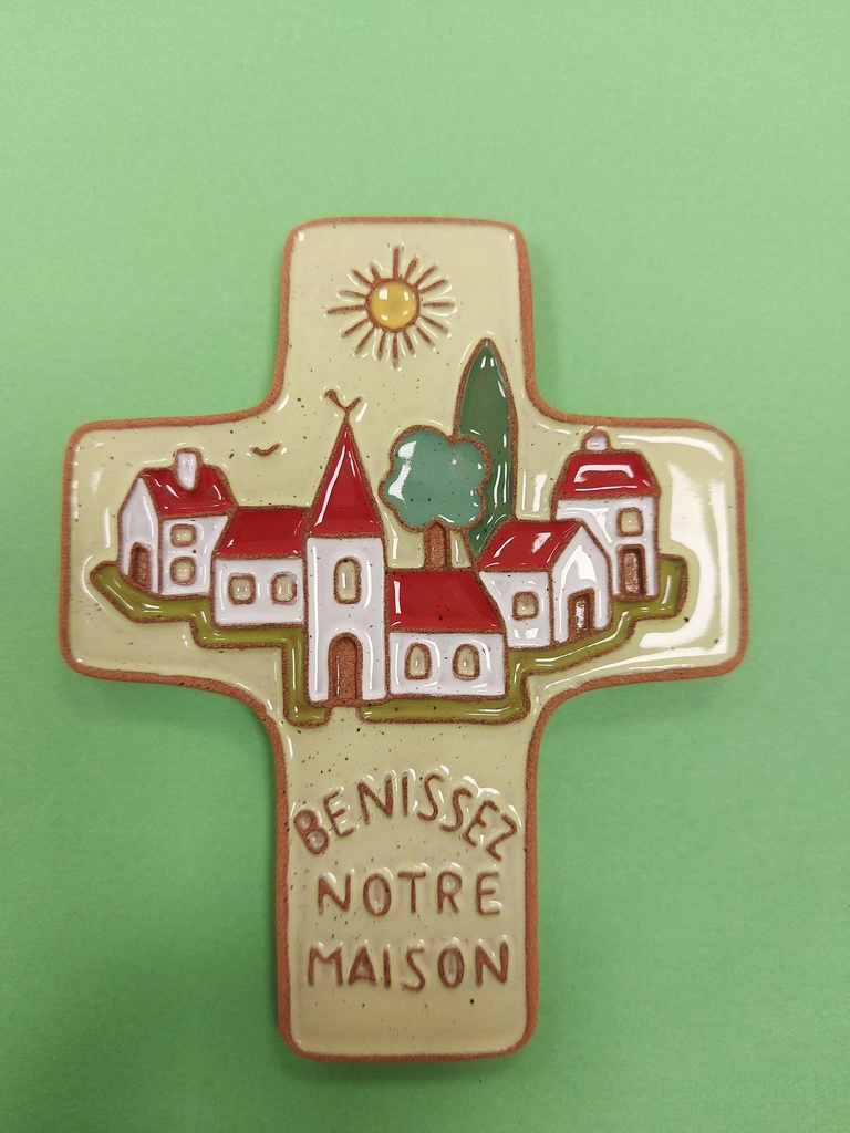 Kreuz Keramik - 'Benissez notre...' -  Grün (95x120mm)