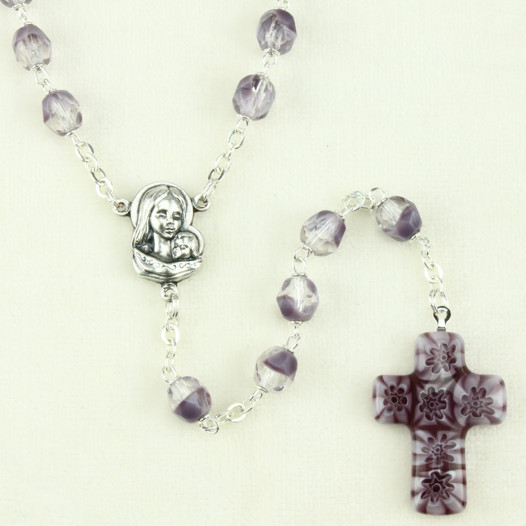 Rozenkrans - glas kralen/kruisje Murano - Ametist