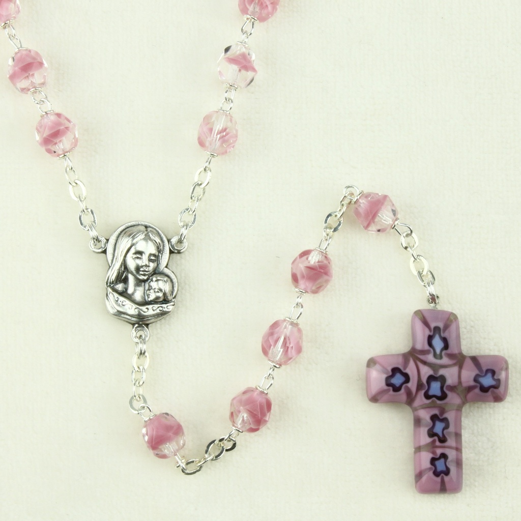 Chapelet - verre/chaîne - croix Murano -rose