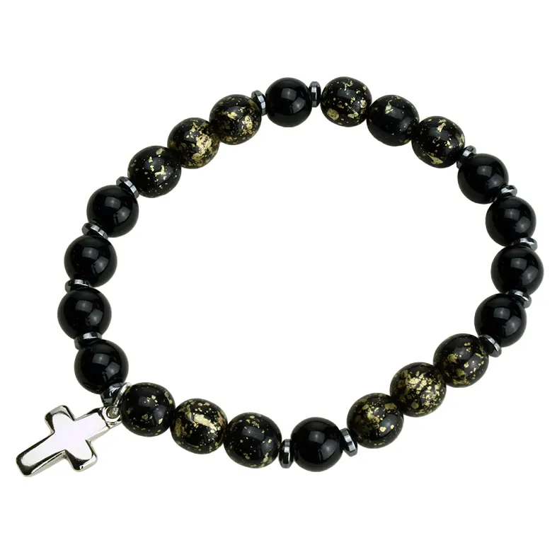 Armband - elastisch/kruisje - zwart/goud