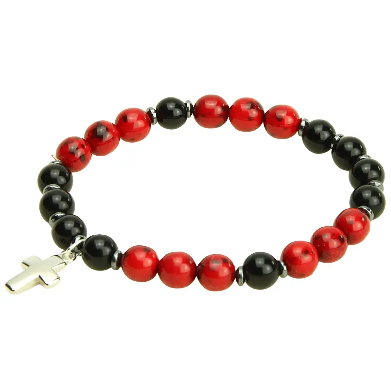 Armband - elastisch/Kreuz/Glasperle - rood