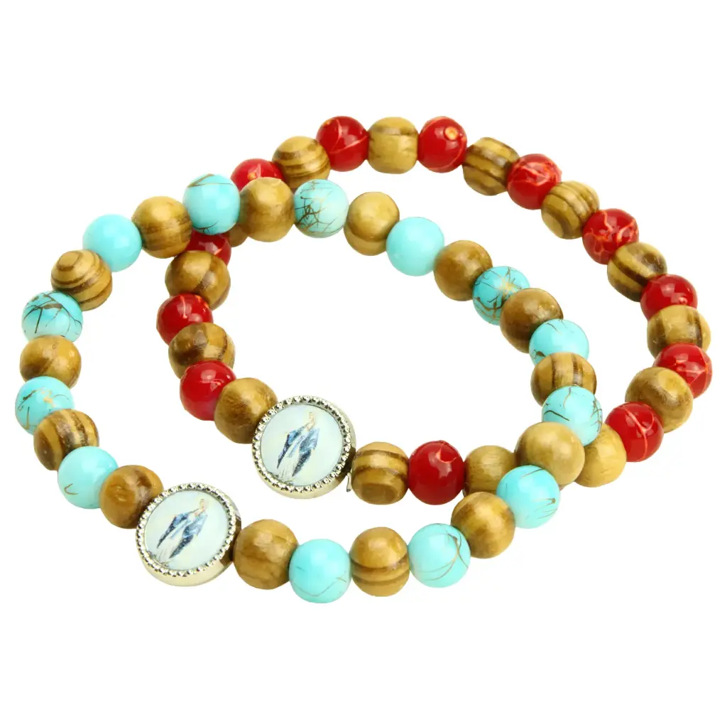 Armband - elastisch/olijfhout + glas/assorti - OLV
