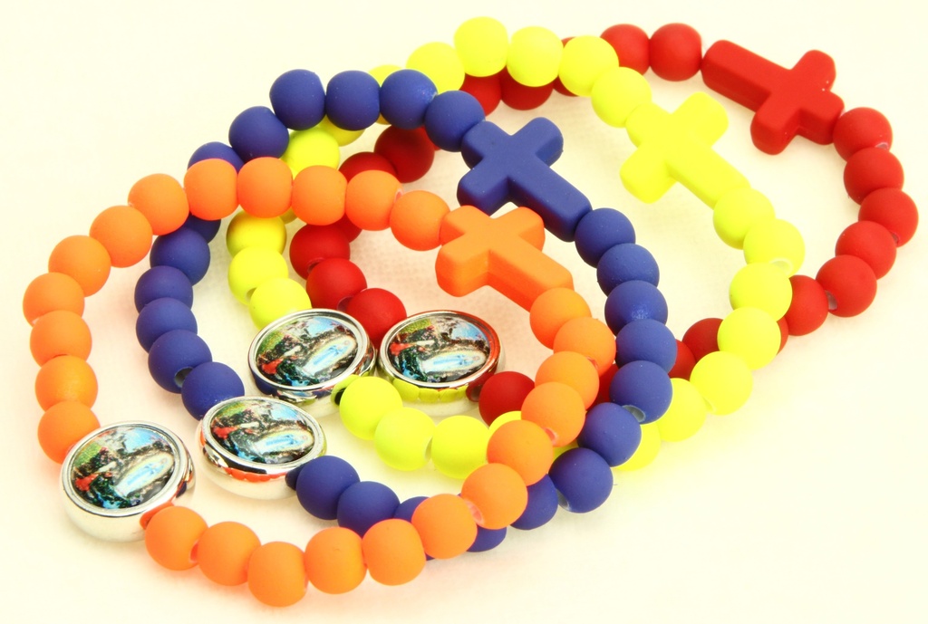 Armband - elastisch/hout - kleuren assorti - OLV Lourdes