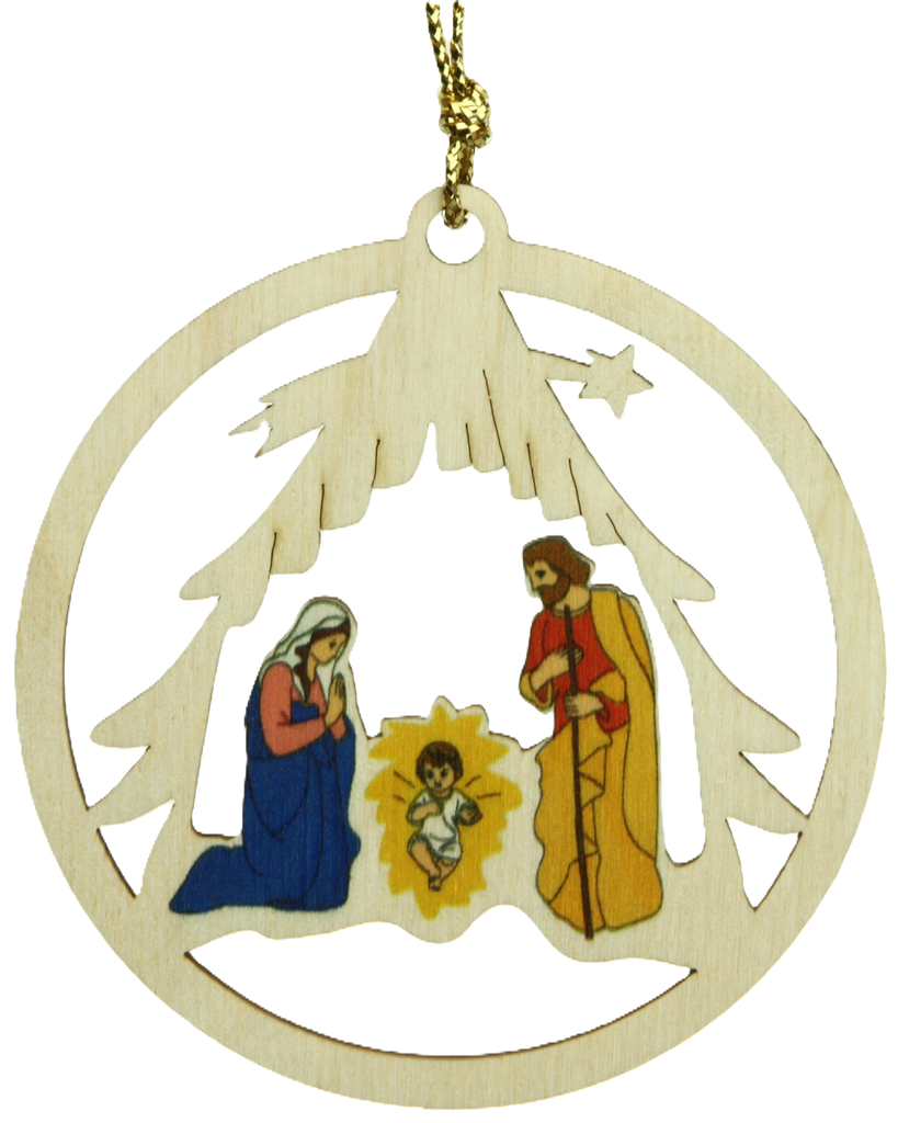 Pendentif sapin bois - Boule/Ste Famille couleur (Ø80mm)