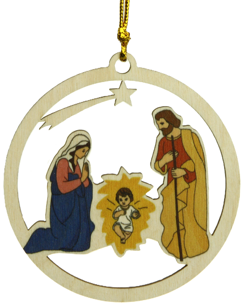 Pendentif sapin bois - Boule/Ste Famille couleur (Ø80mm)