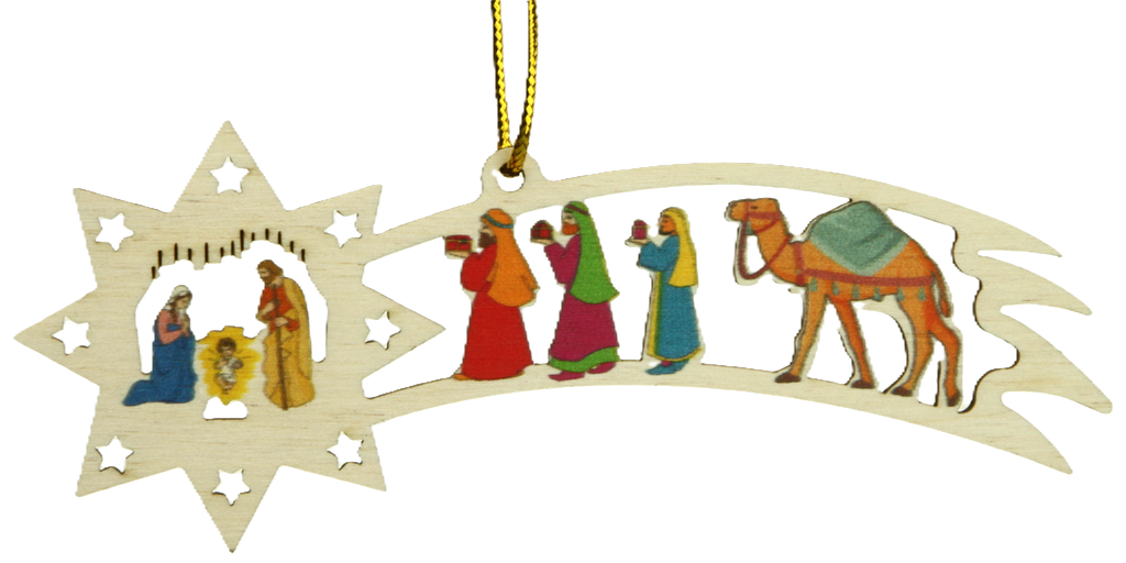 Pendentif sapin bois - Comète/Ste Famille couleur (130mm)