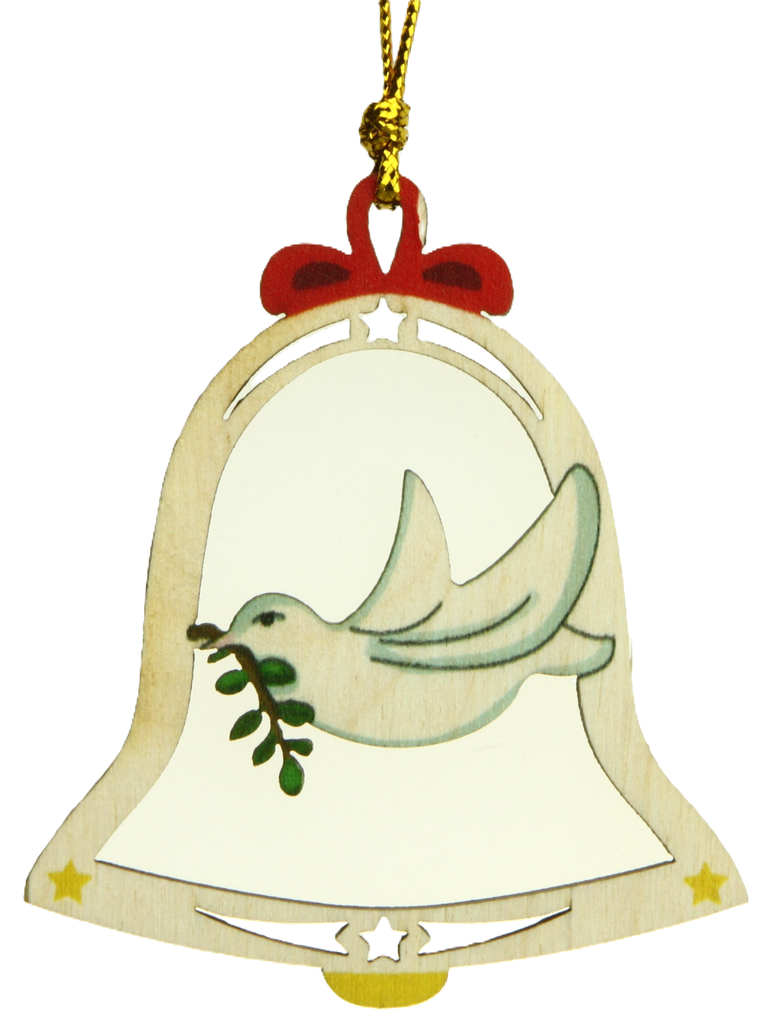Pendentif sapin bois - Cloche/Colombe de Paix couleur (65x80mm)