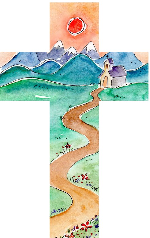 Kinderkreuz holz - Kirche/Weg/Sonne (90x150mm)