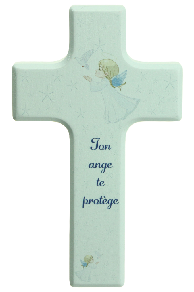 Croix enfant bois/bleue - 'Ton ange te protège' (90x150mm)