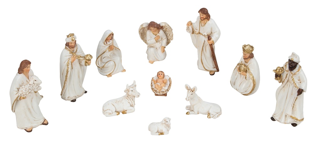 Kerstgroep 11-delig - poly-resine - wit-goud (12cm)