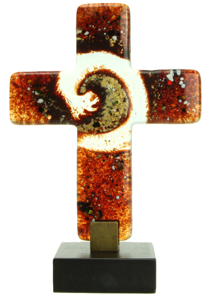 Glaskruis/rood op houtsokkel (10x12cm)