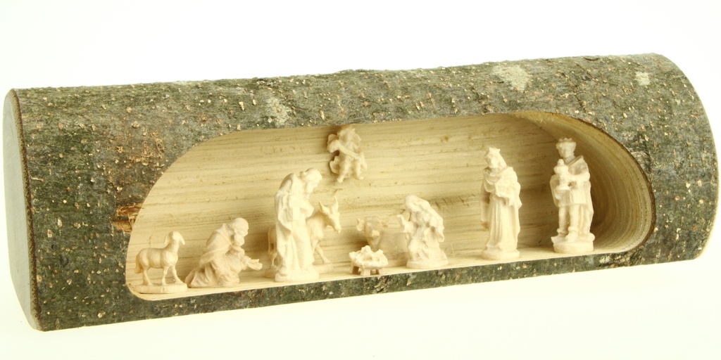 Personnage de crèche (3cm) dans tronc - bois sculpté/naturel (8x7x20cm)