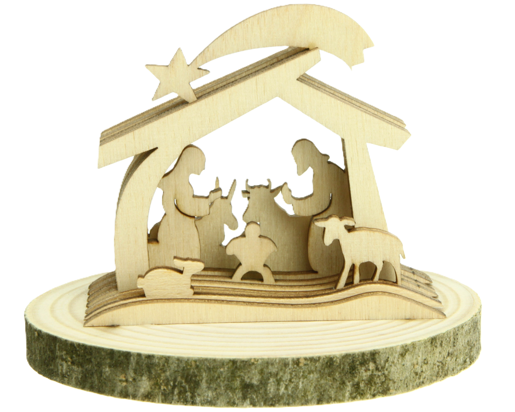 Hl. Familie in Stall 3D auf Sockel -Holz/Natur (6x7,5cm)