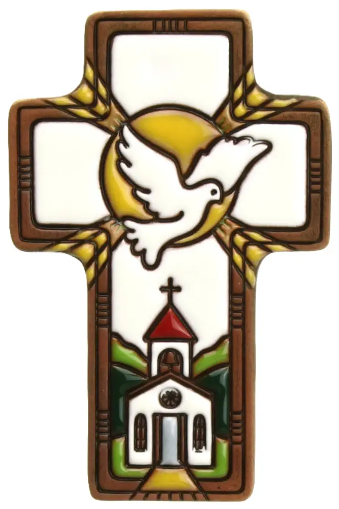 Croix ceramique 'Colombe/Epi/Eglise' - blanche (7x11cm)